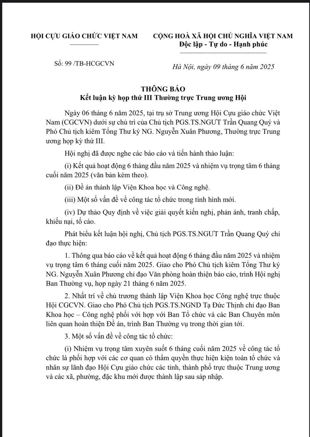 THÔNG BÁO KẾT LUẬN KỲ HỌP III CỦA HỘI CGCVN