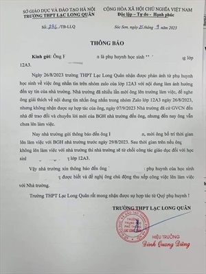 Trường THPT Lạc Long Quân (huyện Sóc Sơn - Hà Nội):  Gửi thông báo tới phụ huynh gây xôn xao dư luận