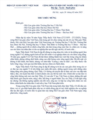 Thư chúc mừng nhân kỷ niệm 70 năm Ngày Thầy thuốc Việt Nam