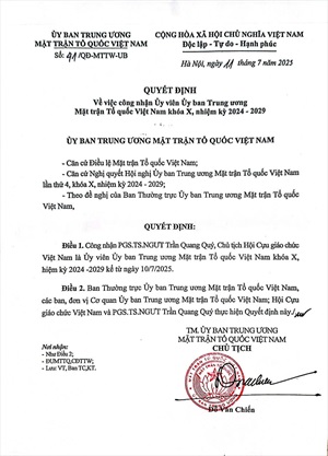 PGS.TS.NGƯT Trần Quang Quý được công nhận Ủy viên Ủy ban Trung ương Mặt trận Tổ quốc Việt Nam, khóa X, nhiệm kỳ 2024 – 2029