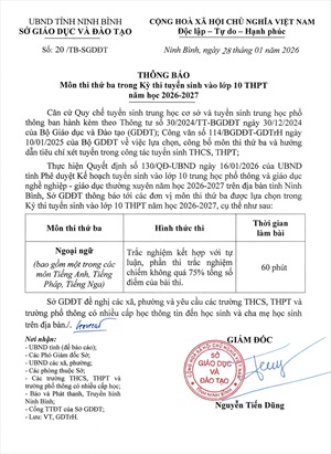 Ninh Bình công bố môn thi thứ ba vào lớp 10 THPT năm học 2026–2027